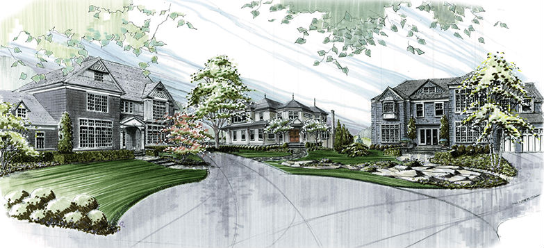 Architect's drawing of 3 customized Read Court Homes in Rye New York.