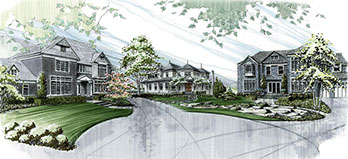 Architect's drawing of 3 customized Read Court Homes in Rye New York.