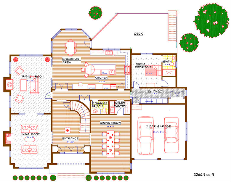Architect's blueprint of Read Court, Rye, New York Lot 3 house, first floor.
